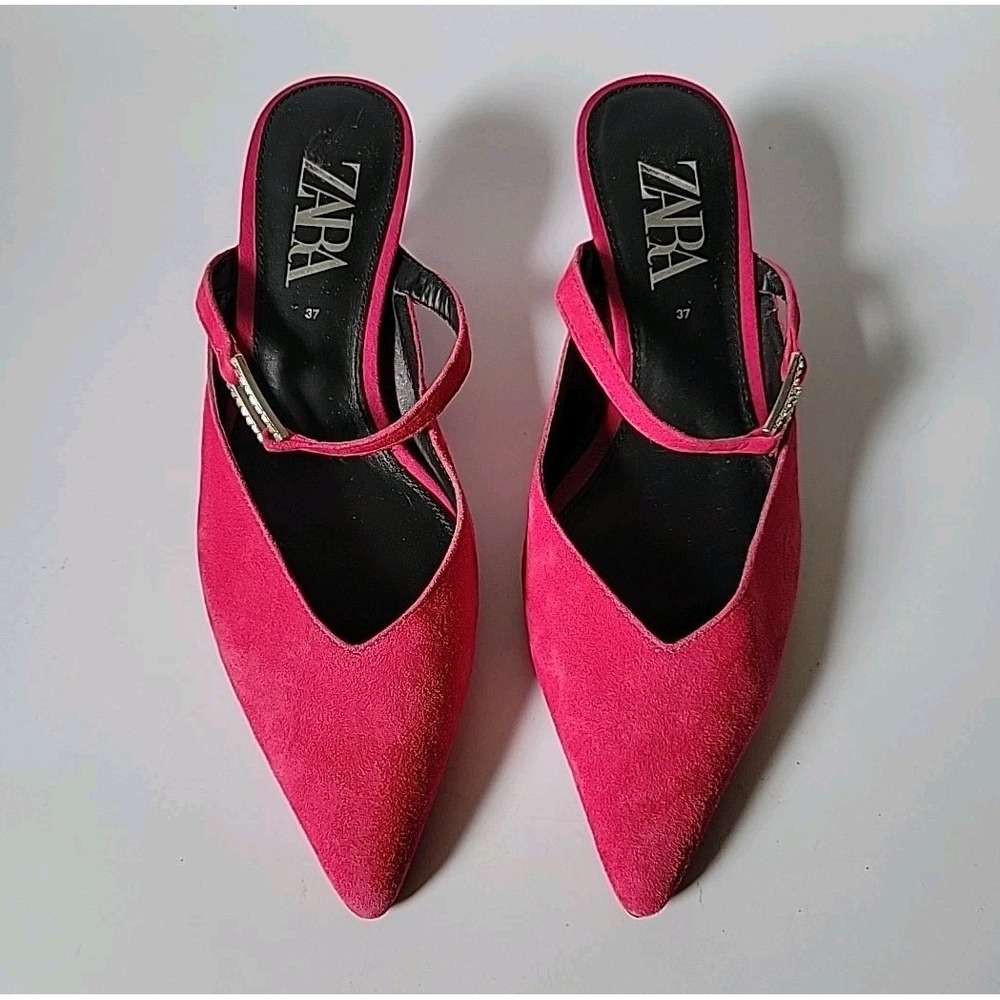 Zara Kitten Heel Point Toe Mules 7 Fuschia Pink Suede Chic Effortless Feminine - Picture 1 of 12